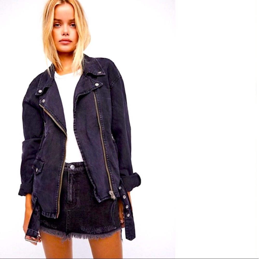 Free People Black Distressed Denim Moto Jacket, Size Large